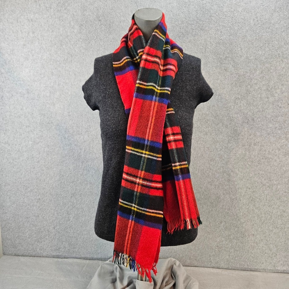 Vintage Wool Blend Red Plaid Tartan Fringe Scarf Soft Winter Unisex Multi Color